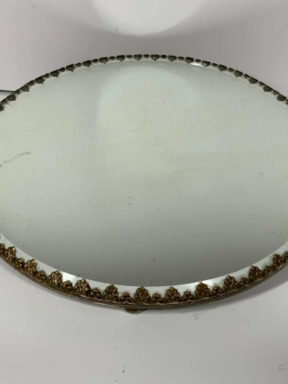 Vintage Round Beveled Mirror Vanity Tray Gold Fleur De Lis 3 Foot 12